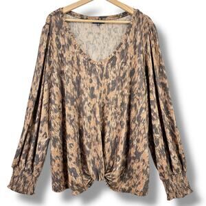 New Democracy Leopard Print V-Neck Twist Front Hem Shirt Plus Size 3X